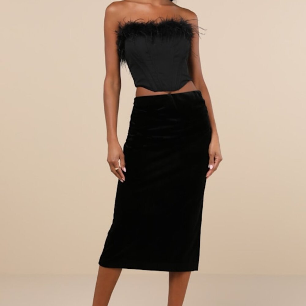 Lulus Exceptional Confidence Black Velvet Ruched Midi Skirt - Size S